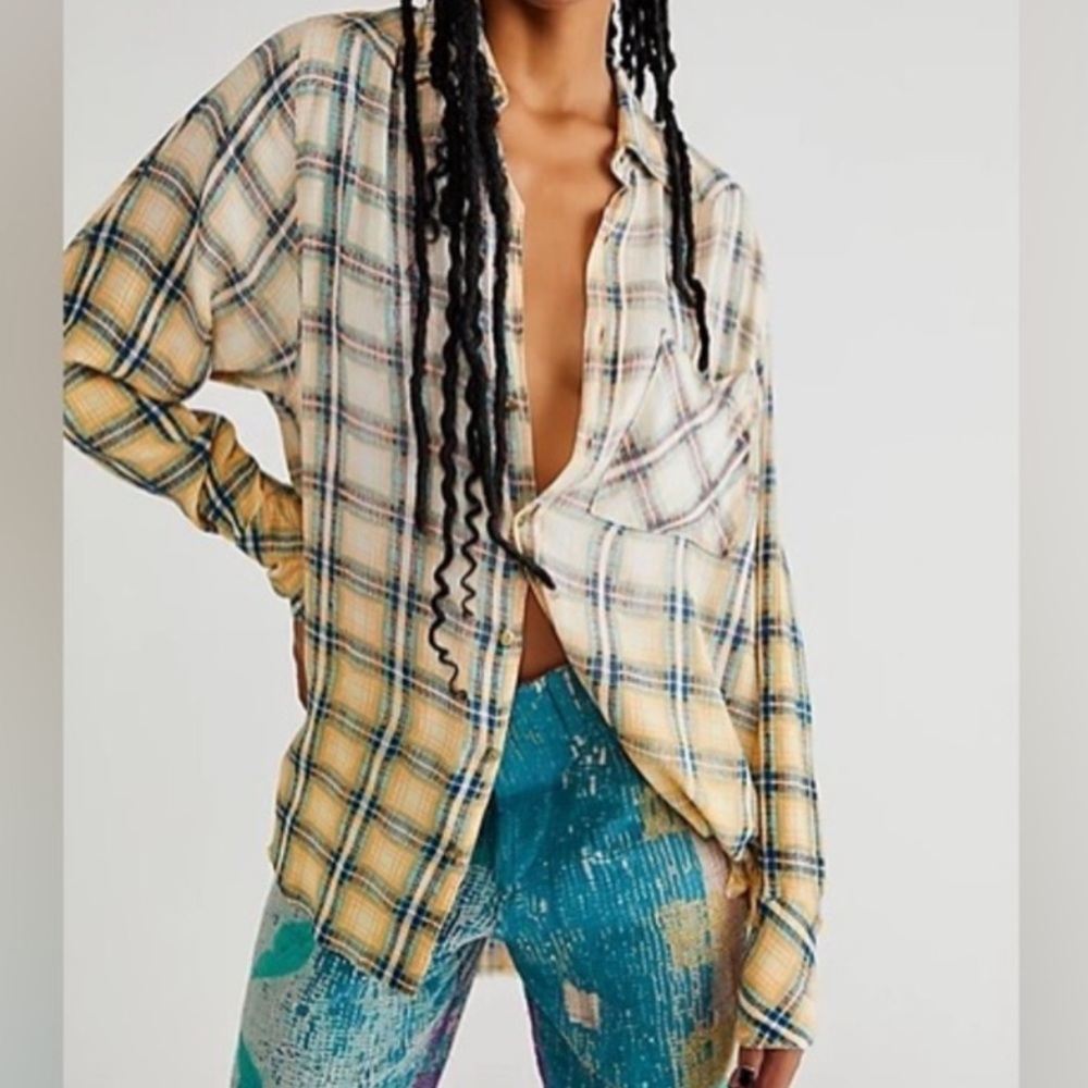 Free People Checkered Button-Down in Cream and Blue
